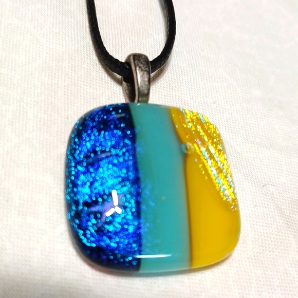 Hand Crafted Jewelry - Dichroic glass pendant necklace handmade blue aqua yellow silver golden glittery
